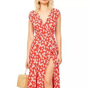 REFORMATION Oopsie Daisy Floral CARINA Georgette True Wrap Tie Midi Dress Sz L